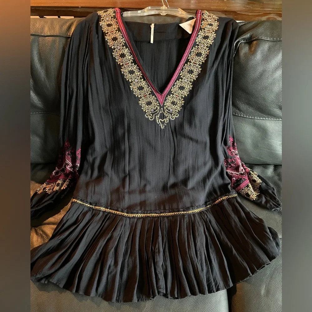 Free People Wild One Peasant Mini Dress SizeS Black Gold Embroidered Drop Waist - Picture 4 of 16